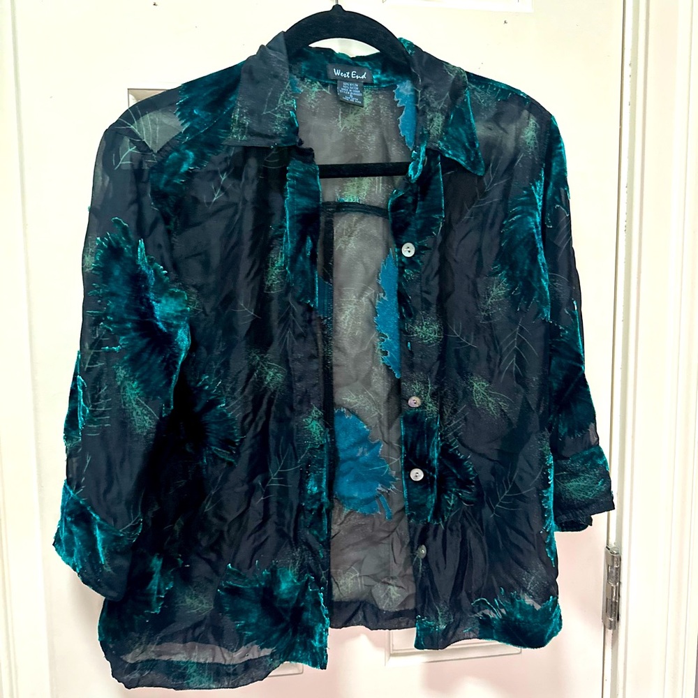 West End Black Sheer Button Down with Green Velvet Details Sz 0